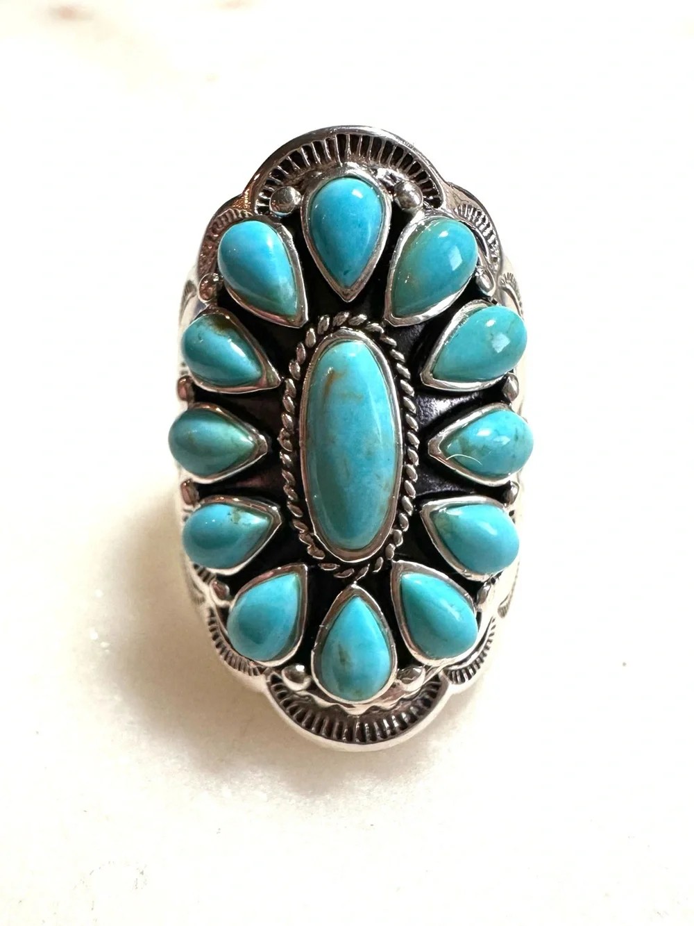 Turquoise Thai Hand-Embossed and Stamped Sterling Silver Cluster Statement Ring